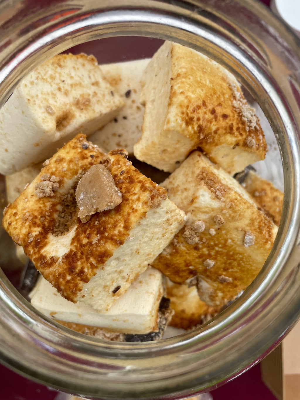 Top view of a jar of toasted s'mores marshmallows